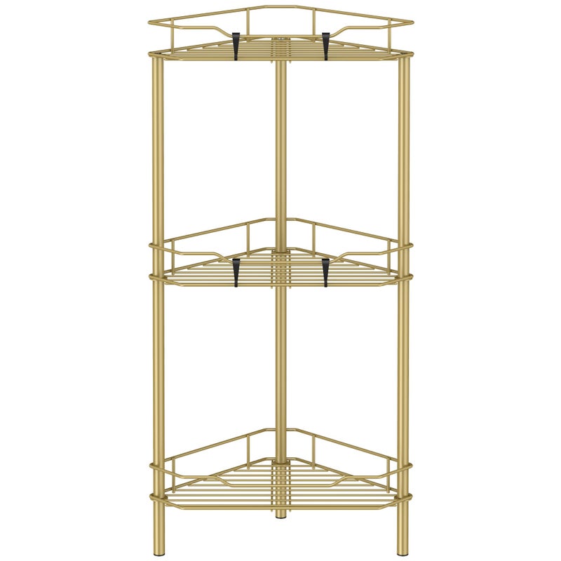 HuggieGems 3 Tier Floor Standing Corner Shower Caddy Organizer Shelf with Hooks, Bathroom Shelves Stand Rack, Gold - Image 1
